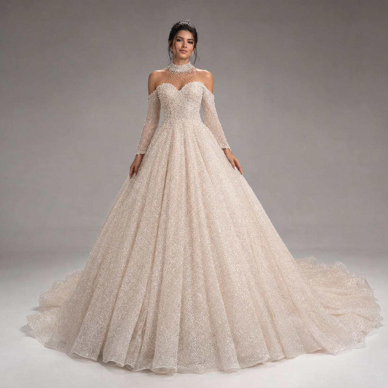 ARABELLE | Champagne Beaded Off-Shoulder Ball Gown Wedding Dress