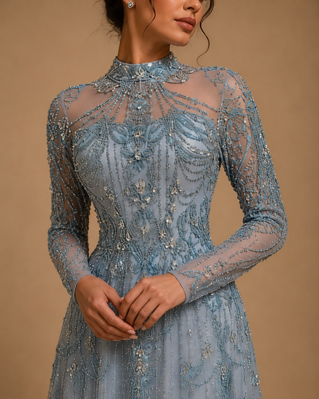 ISOLDE | Crystal Beaded High Neck Long Sleeve A-Line Evening Gown