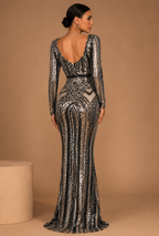 AMARIS | Rose Gold & Blue Sequin Long-Sleeve Mermaid Evening Gown