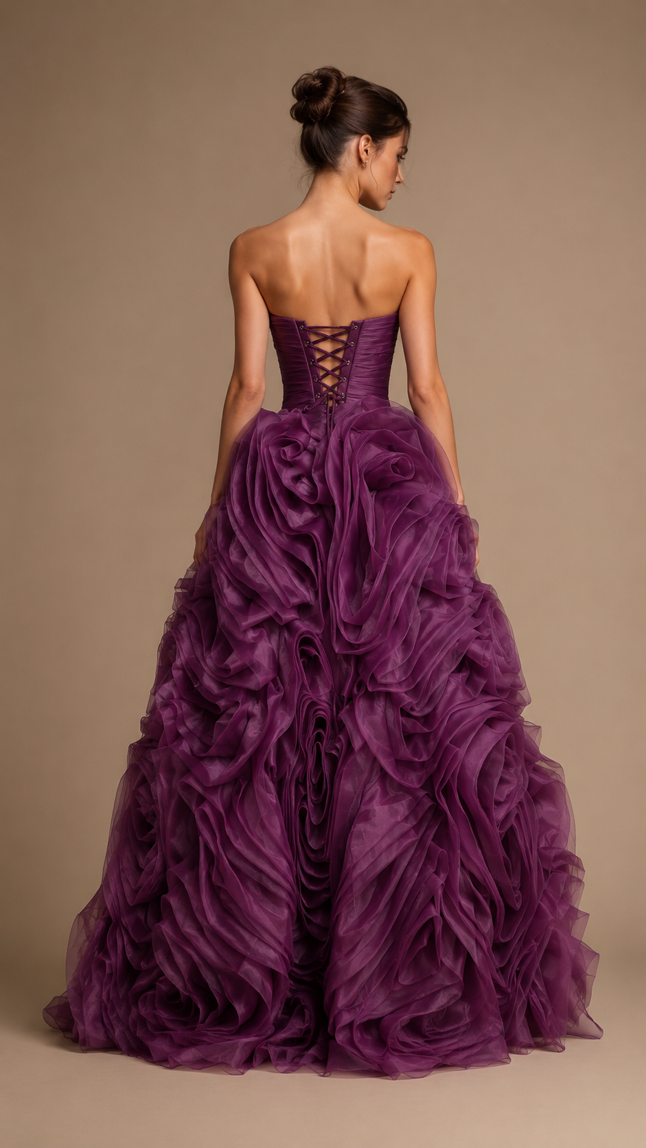 ROSELLARA | Strapless Ruched 3D Floral Ruffle A-Line Tea-Length Formal Dress