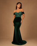 EMERIS | Emerald Green Off-Shoulder Corset Velvet Mermaid Gown