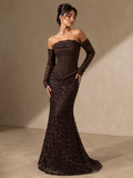 ISOLDE | Dark Brown Strapless Sequin Mermaid Prom Dress with Detachable Lace Sleeves