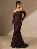 ISOLDE | Dark Brown Strapless Sequin Mermaid Prom Dress with Detachable Lace Sleeves