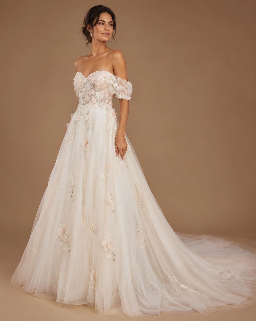 ELOWEN | Romantic Off-Shoulder Floral Lace A-Line Wedding Dress with Sweetheart Corset Bodice and Cathedral Train