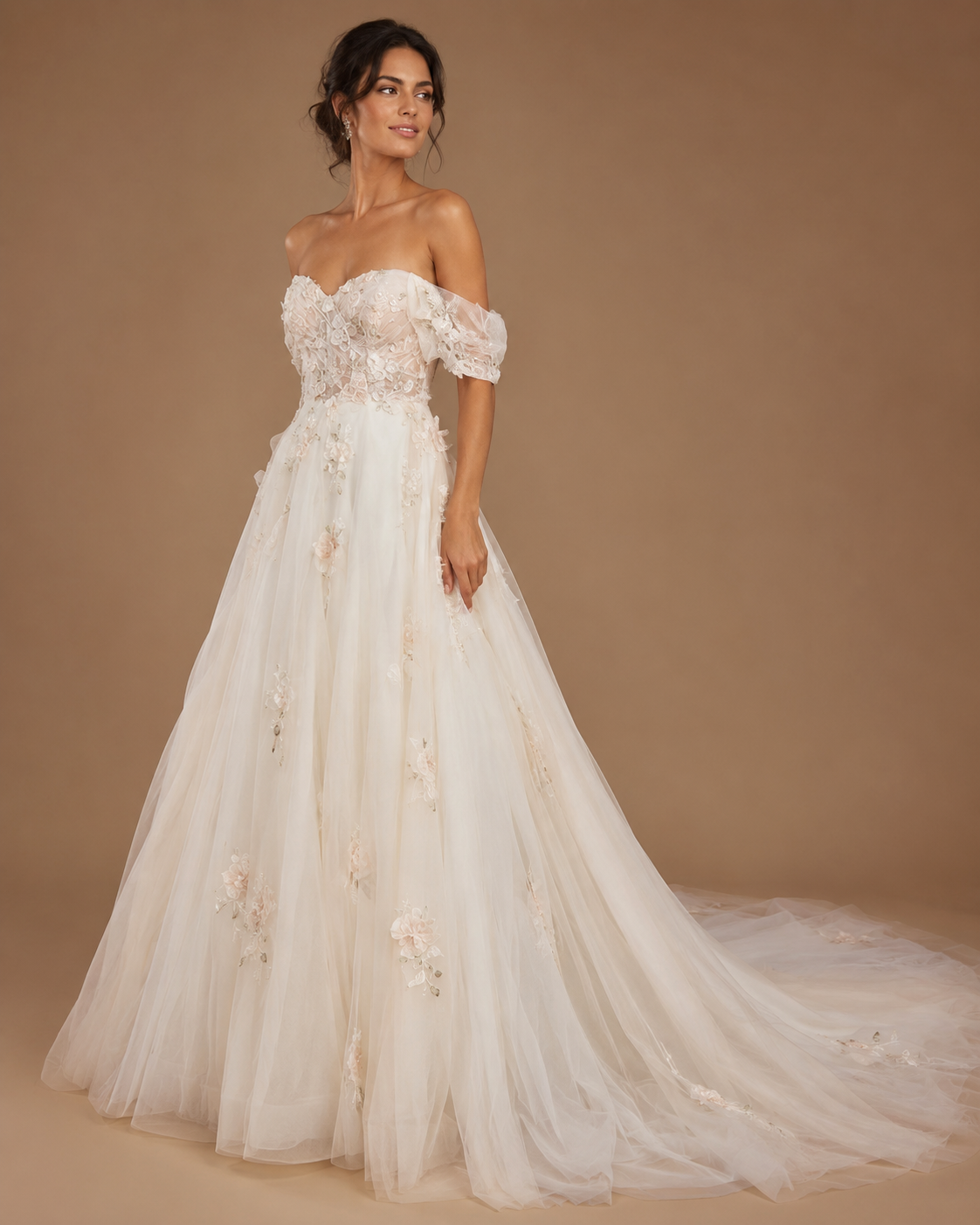 ELOWEN | Romantic Off-Shoulder Floral Lace A-Line Wedding Dress with Sweetheart Corset Bodice and Cathedral Train