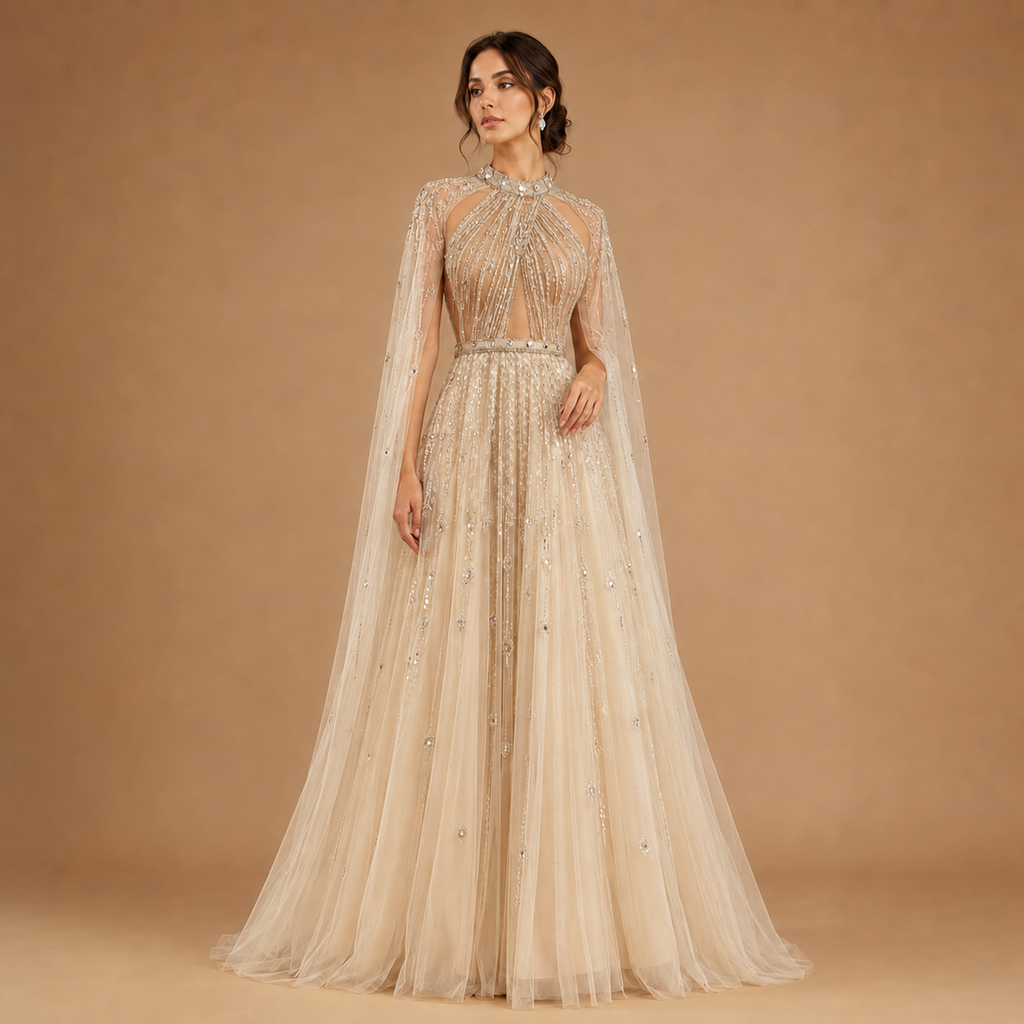 AURELIA | Beaded High Neck Long Sleeve Tulle Evening Gown