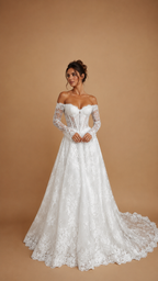 EVALINA | Off-the-Shoulder Lace Corset A-Line Wedding Gown with Long Sleeves