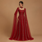 AUREVIA | Beaded Square Neck Cape Sleeve A-Line Evening Gown