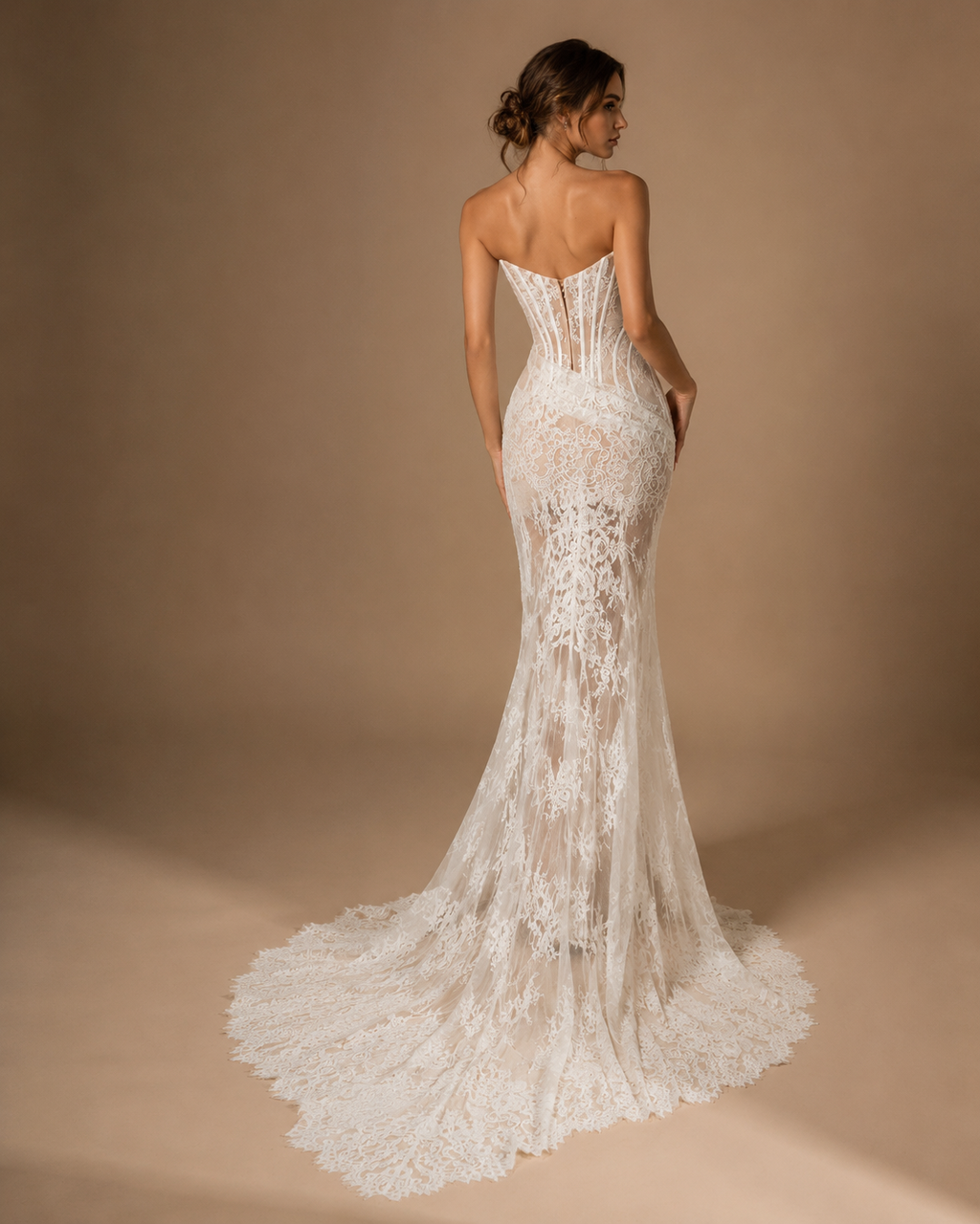 EVANDRA | Strapless Pleated Lace Flower Sheath Wedding Gown with Detachable Train
