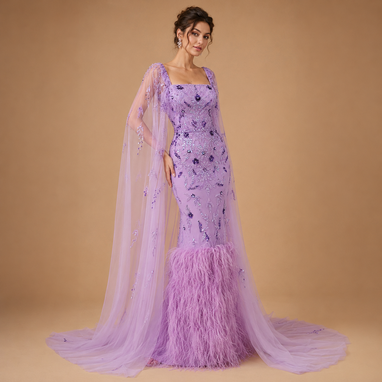 AMARIS | Lilac Beaded Feather Trim Cape Evening Gown