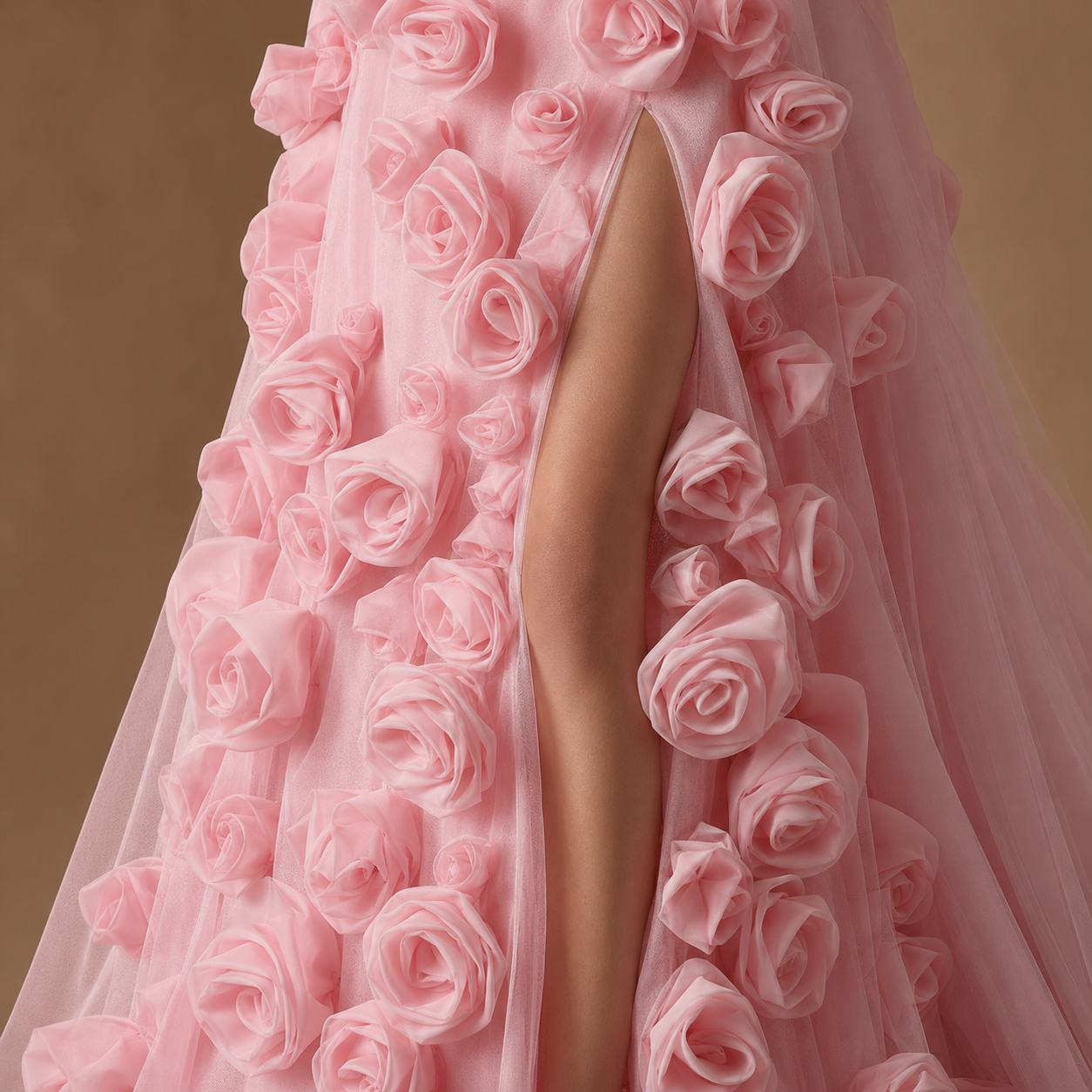 ROSALIE | Pink 3D Rose Strapless High Slit Tulle Evening Gown
