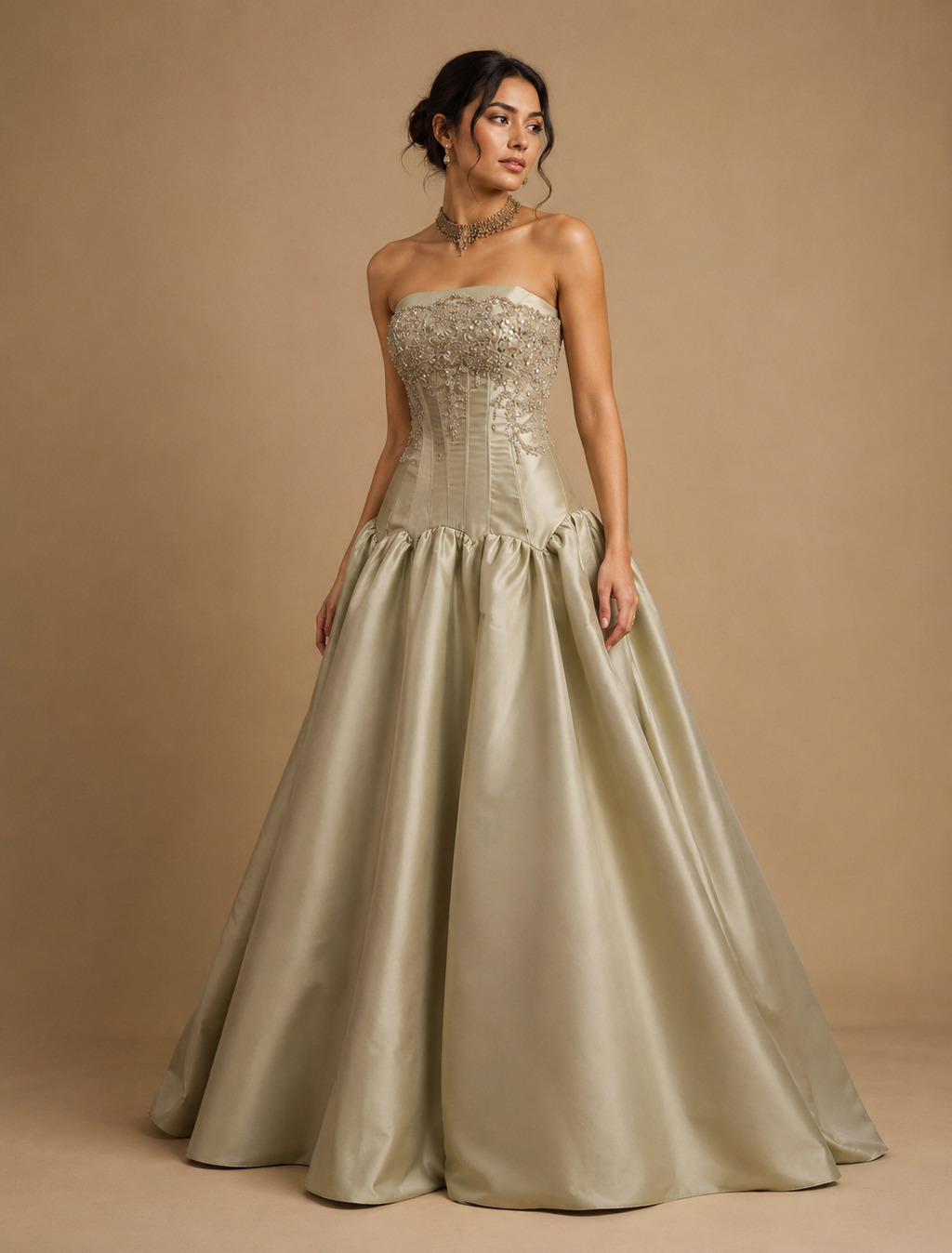 SANSA | Champagne Gold Beaded Corset Strapless Satin Ball Gown