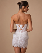 LIVARA | Pearl Fringe Strapless Lace Corset Couture Mini Dress