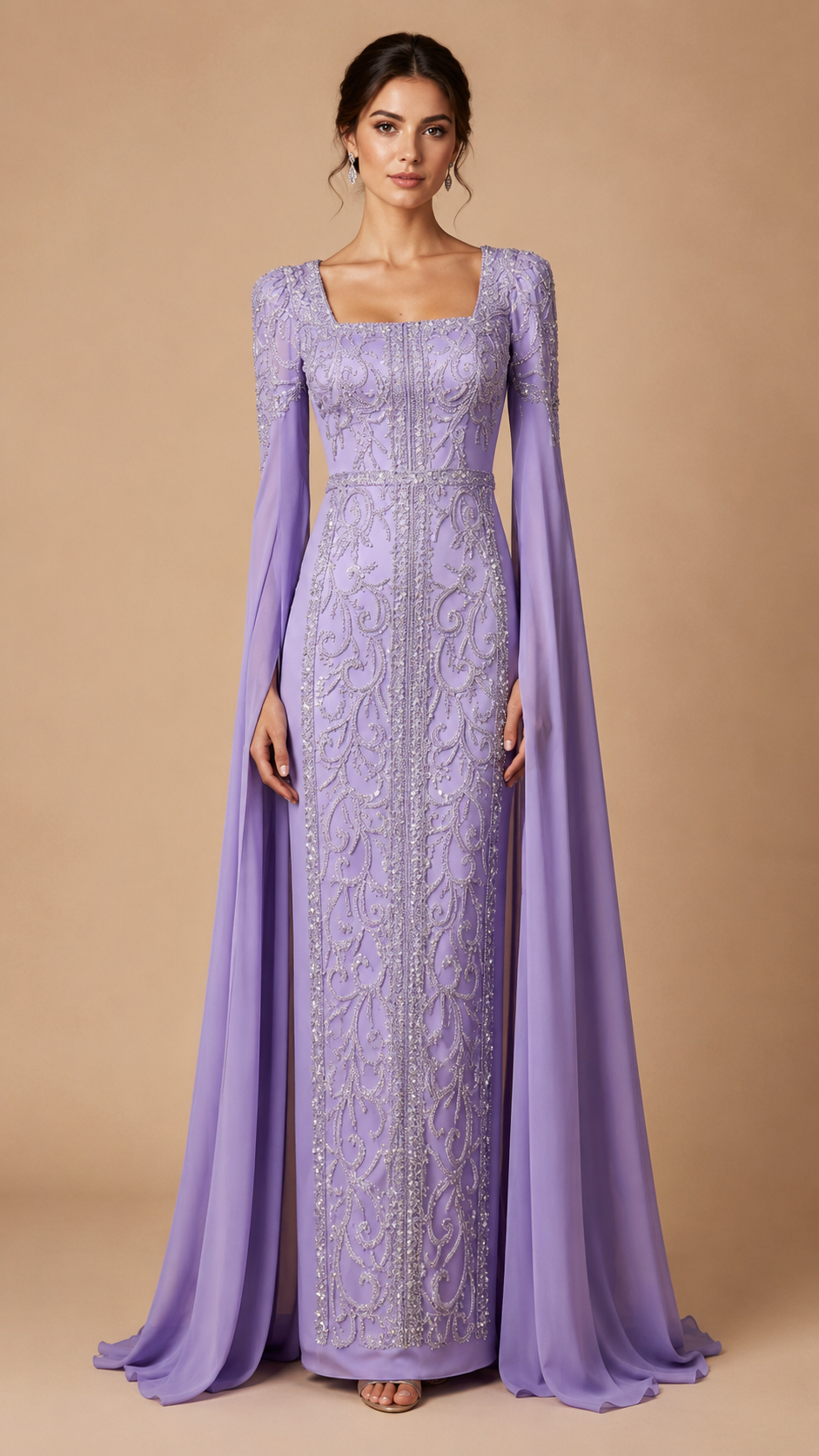 SERENZA | Beaded Square Neck Cape Sleeve Column Evening Gown