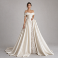 SERAVINE | Off Shoulder Satin Ball Gown Wedding Dress with Draped Bodice and Lace Slit Detail