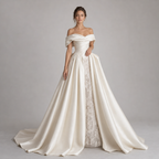 SERAVINE | Off Shoulder Satin Ball Gown Wedding Dress with Draped Bodice and Lace Slit Detail
