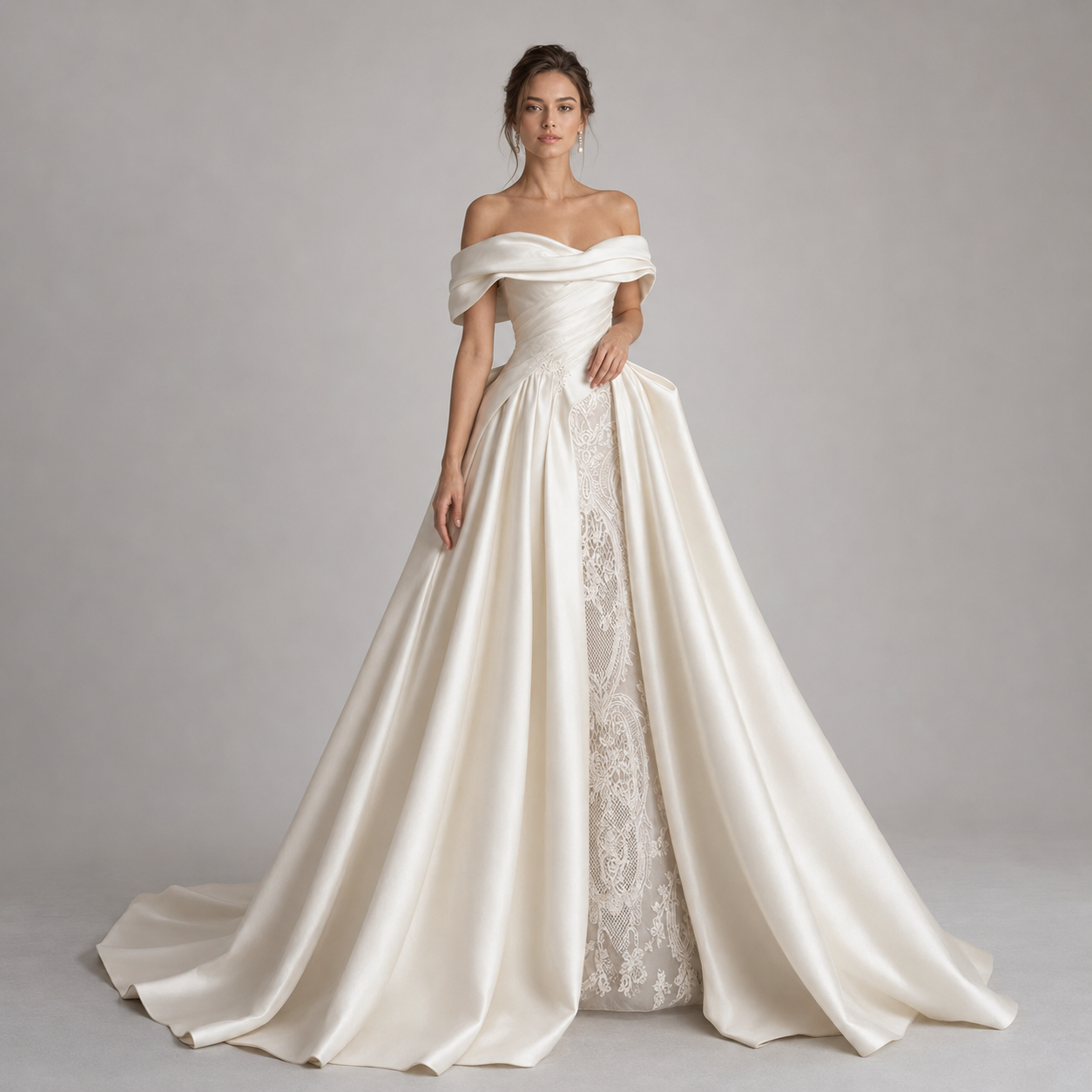 SERAVINE | Off Shoulder Satin Ball Gown Wedding Dress with Draped Bodice and Lace Slit Detail