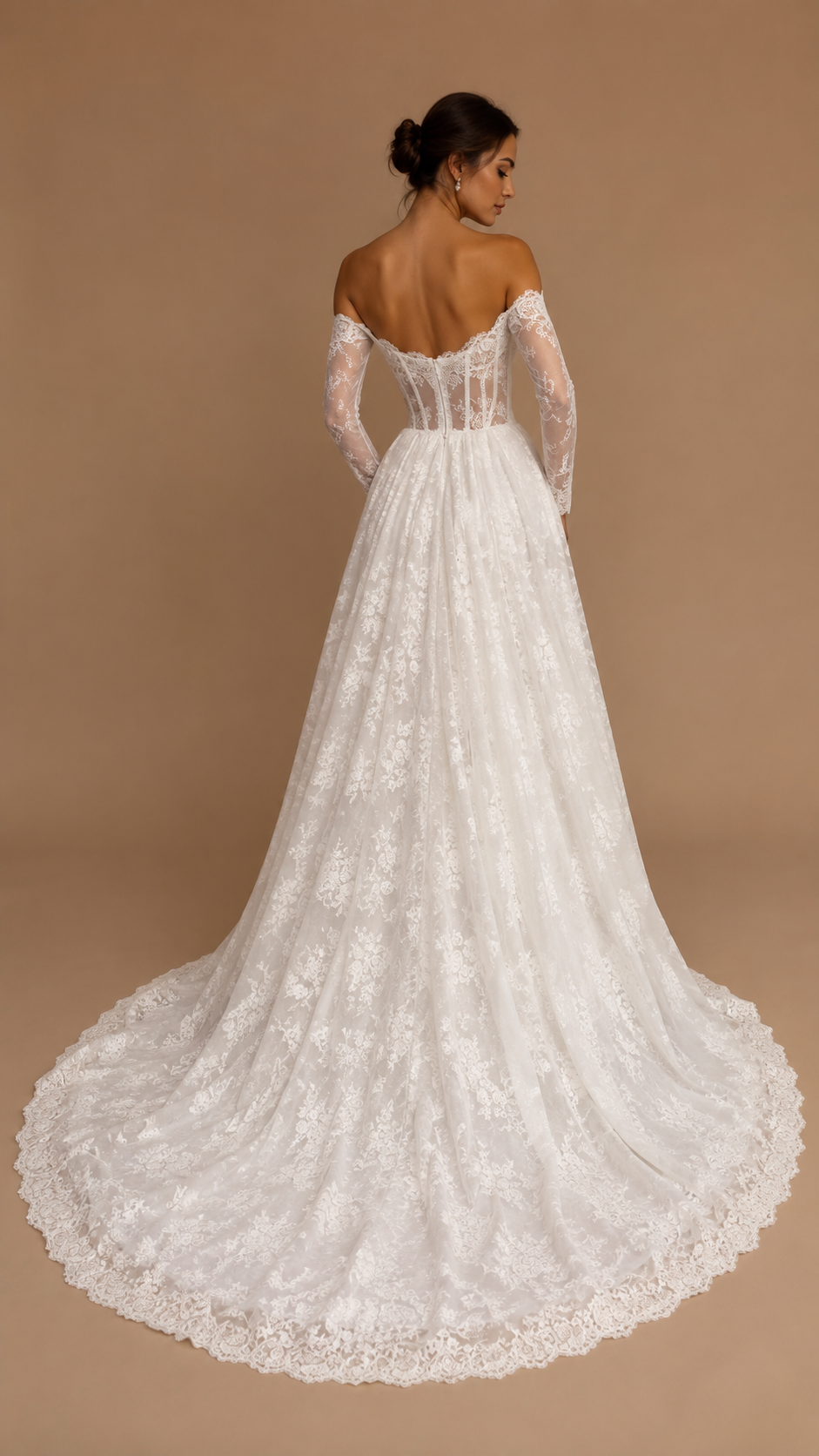 EVALINA | Off-the-Shoulder Lace Corset A-Line Wedding Gown with Long Sleeves
