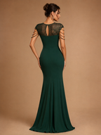 ZARELLE | Emerald Beaded Illusion-Sleeve Mermaid Evening Gown