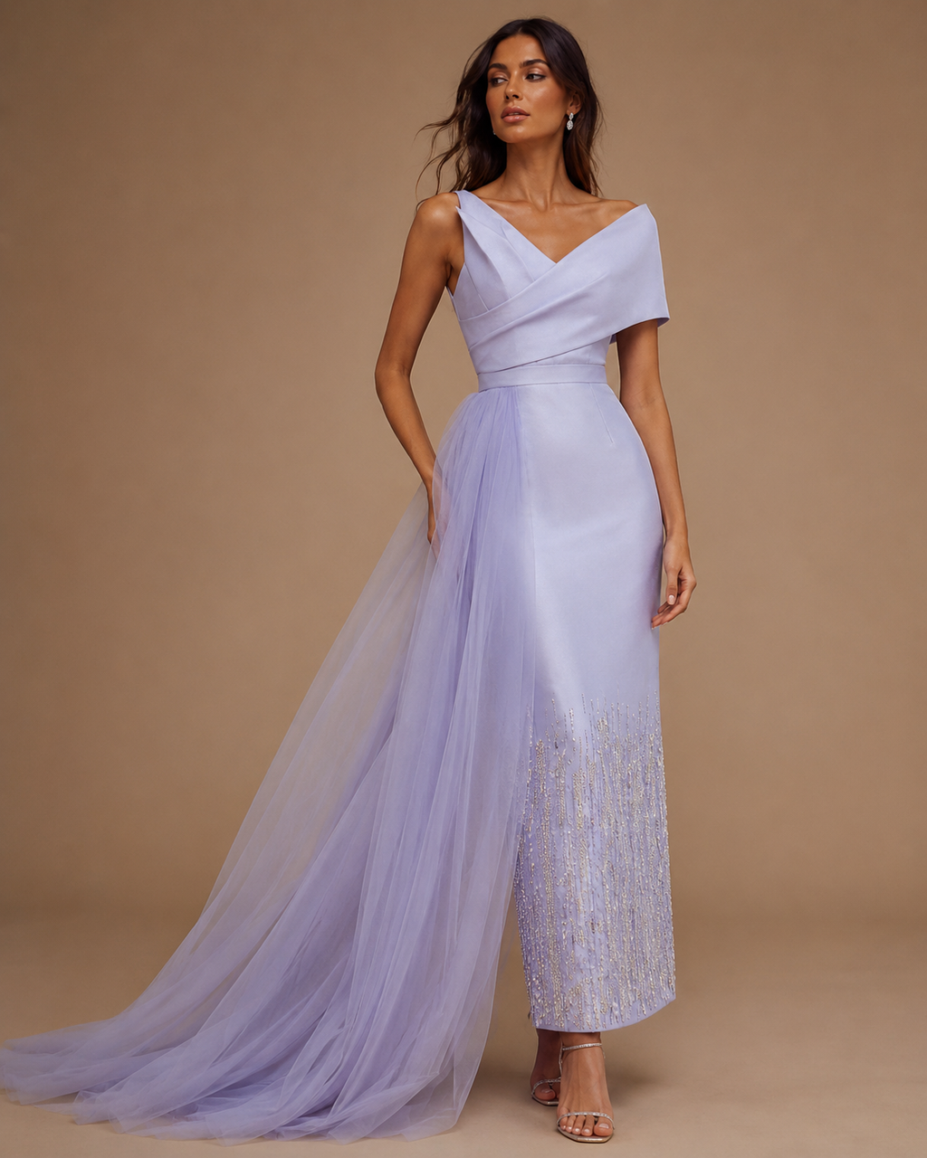 LAVELLE | Lavender Asymmetrical Tulle Drape Beaded Evening Gown