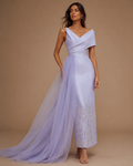 LAVELLE | Lavender Asymmetrical Tulle Drape Beaded Evening Gown
