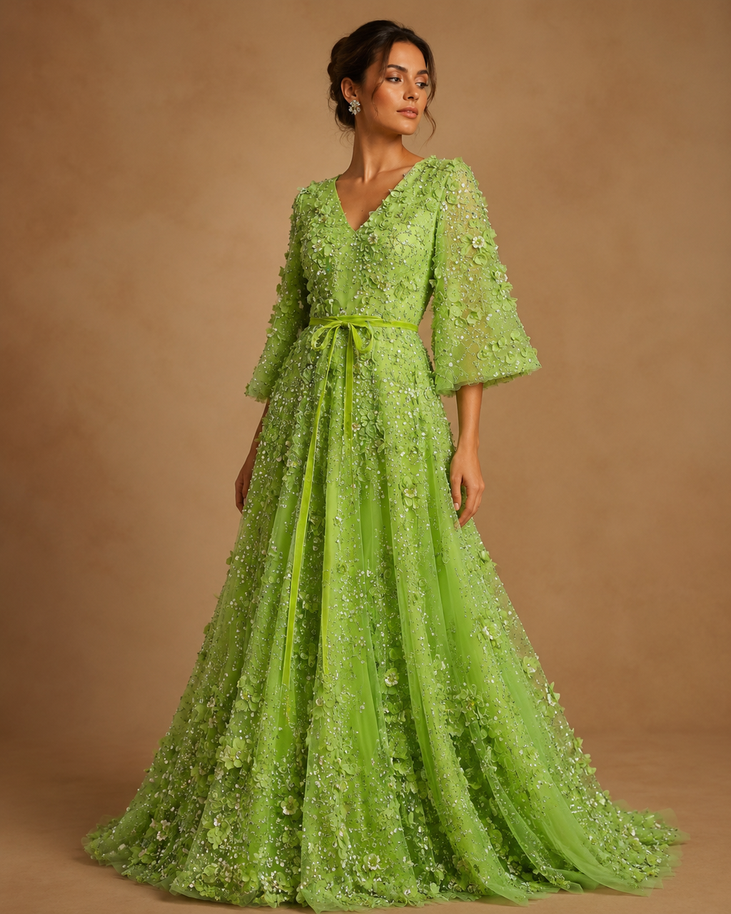 ELARAINE | 3D Floral Beaded V-Neck Bell Sleeve A-Line Formal Gown