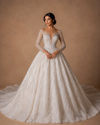 ANASTASIA | Luxury Hand Beaded Long Sleeve Ball Gown Bridal Dress with Long Chapel Train