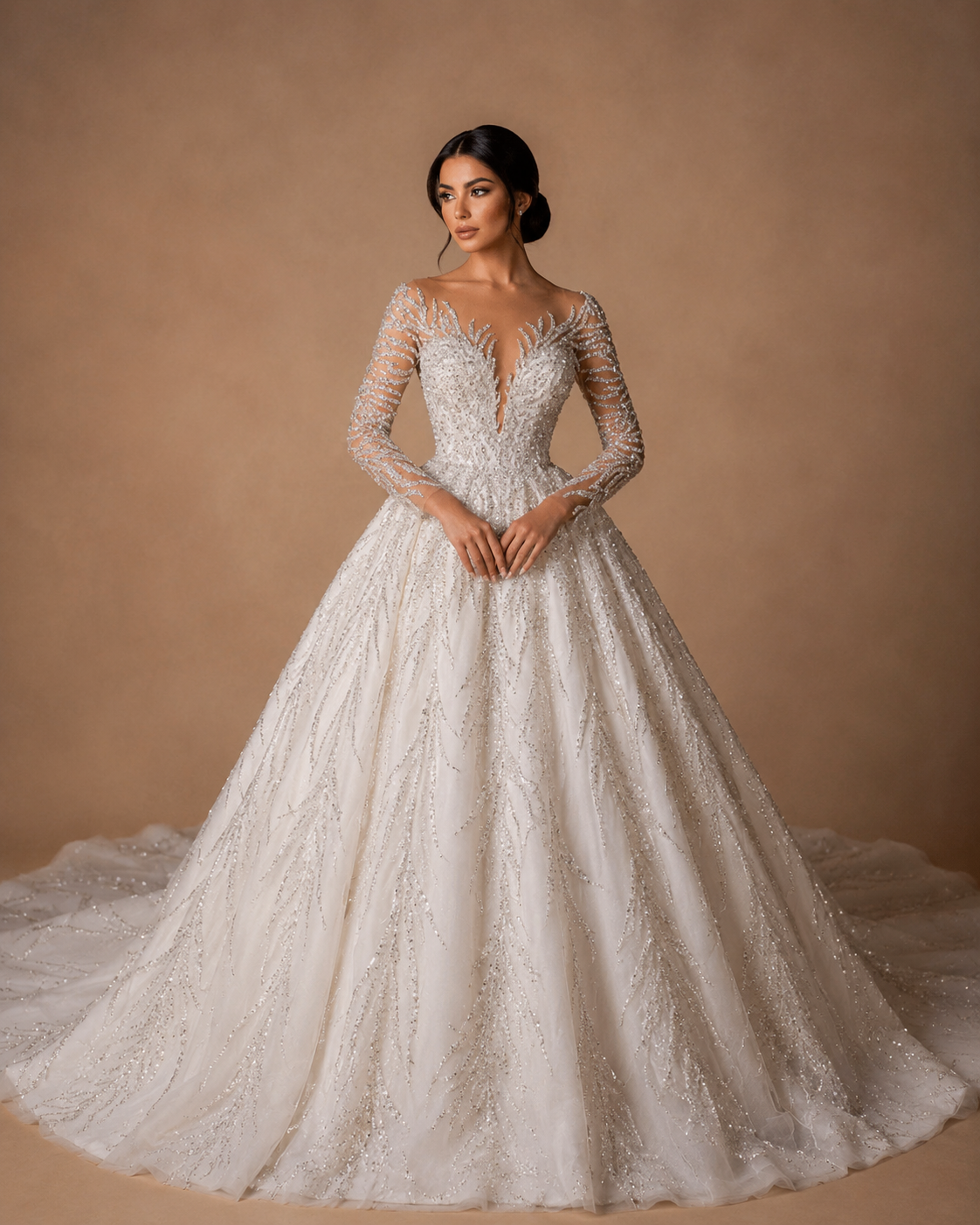 ANASTASIA | Luxury Hand Beaded Long Sleeve Ball Gown Bridal Dress with Long Chapel Train
