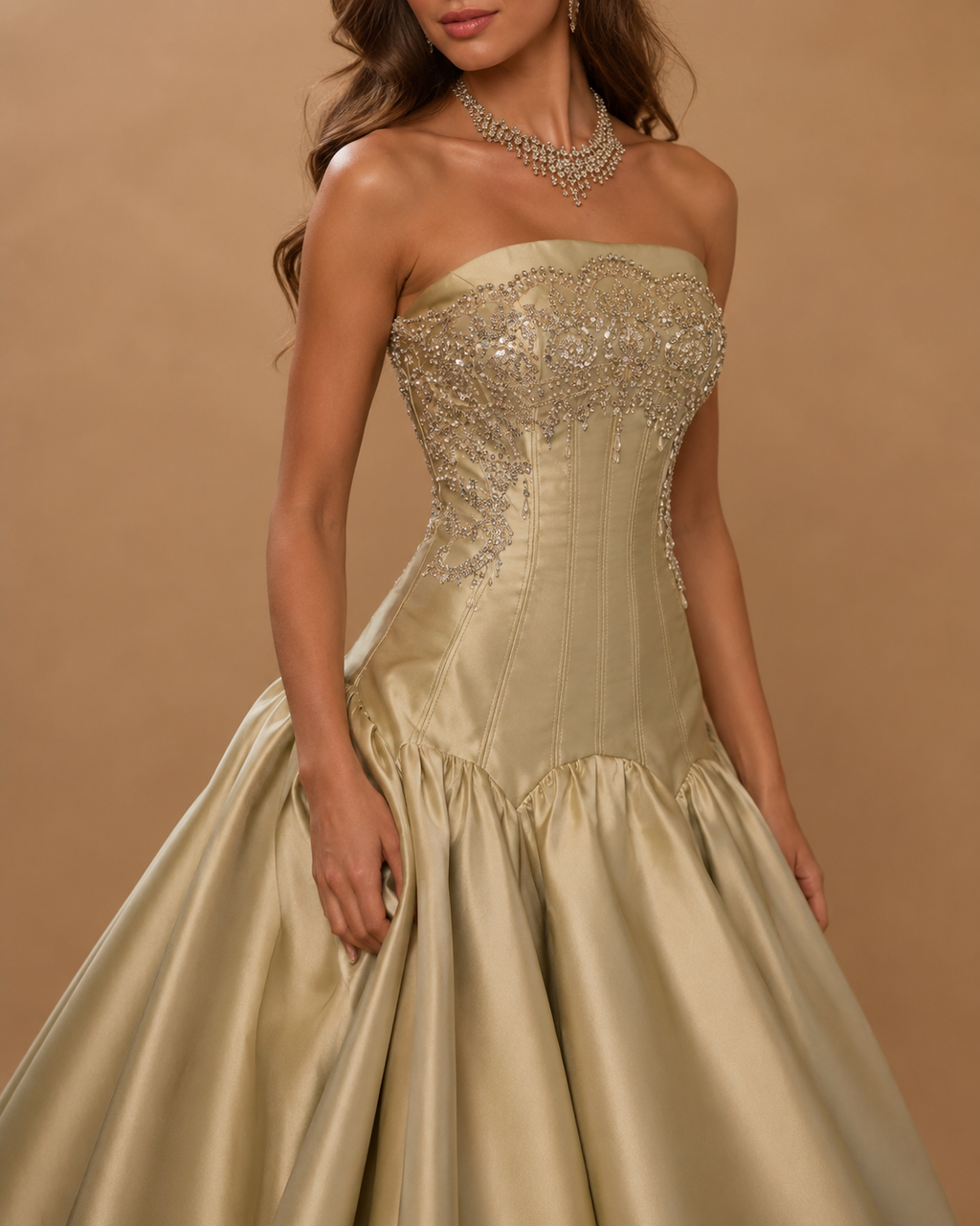 SANSA | Champagne Gold Beaded Corset Strapless Satin Ball Gown