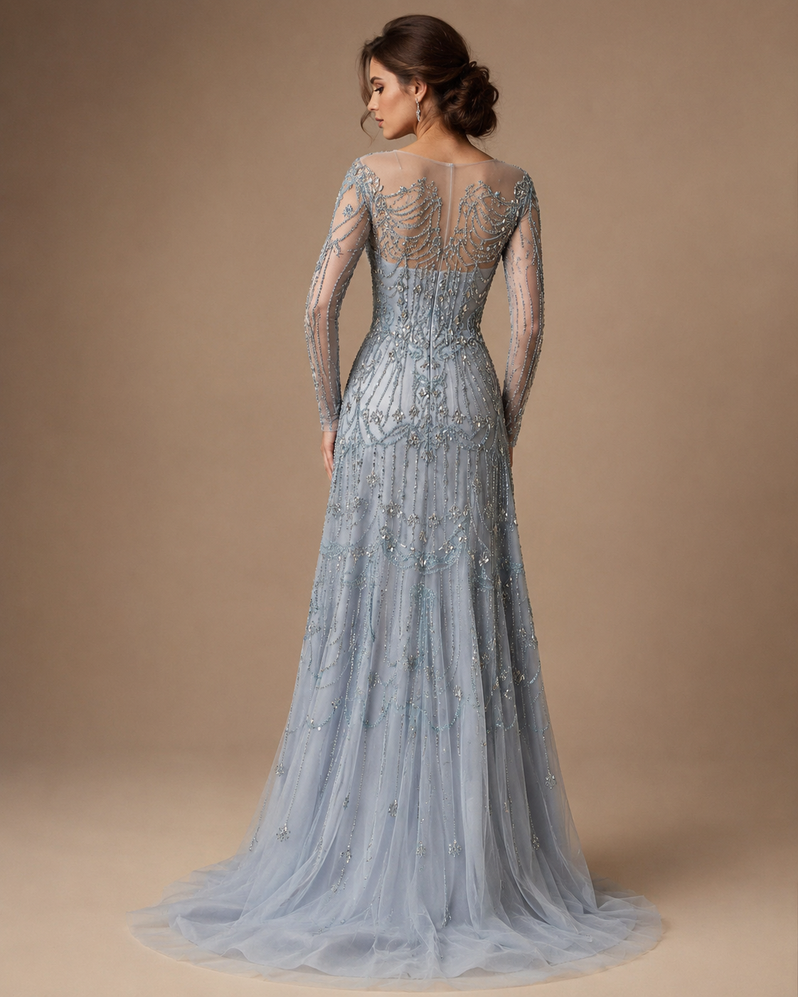 ISOLDE | Crystal Beaded High Neck Long Sleeve A-Line Evening Gown