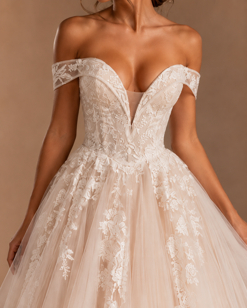 EVELISSE | Off-the-Shoulder Blush Pink Lace Corset Ball Gown Wedding Dress