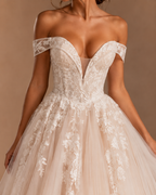 EVELISSE | Off-the-Shoulder Blush Pink Lace Corset Ball Gown Wedding Dress