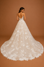 ELARIA | Floral Lace A-Line Wedding Dress Spaghetti Strap Bridal Gown with 3D Floral Appliqués &amp; Flowing Train