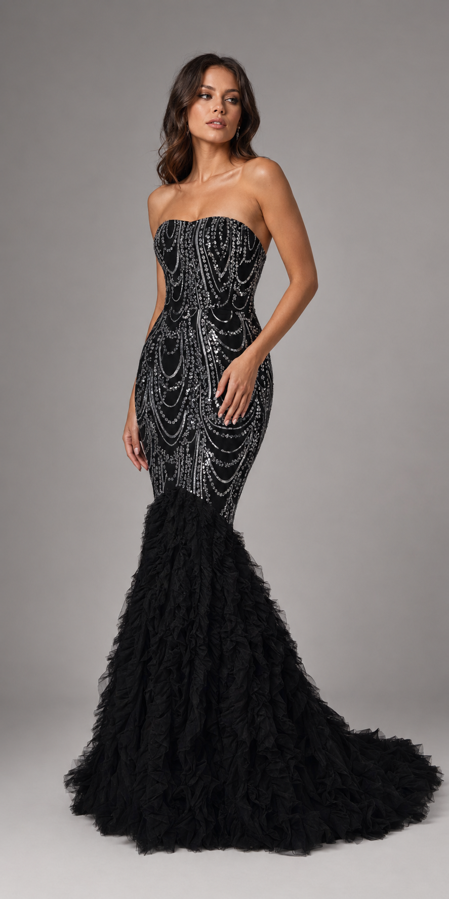 NOIRABELLE | Black Strapless Sequin Mermaid Evening Gown with Ruffled Tulle Hem