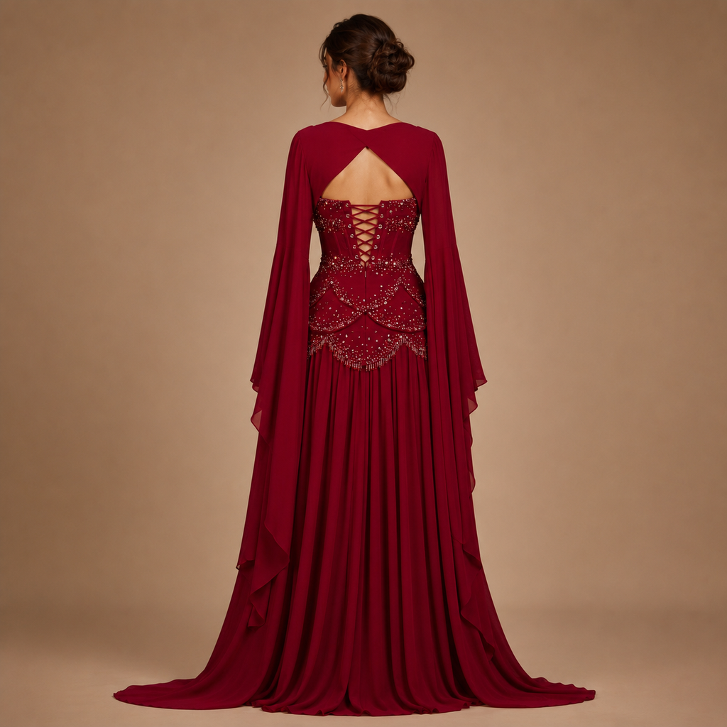 SERAPHINA | Hand-Beaded Corset Draped-Sleeve Chiffon Evening Gown