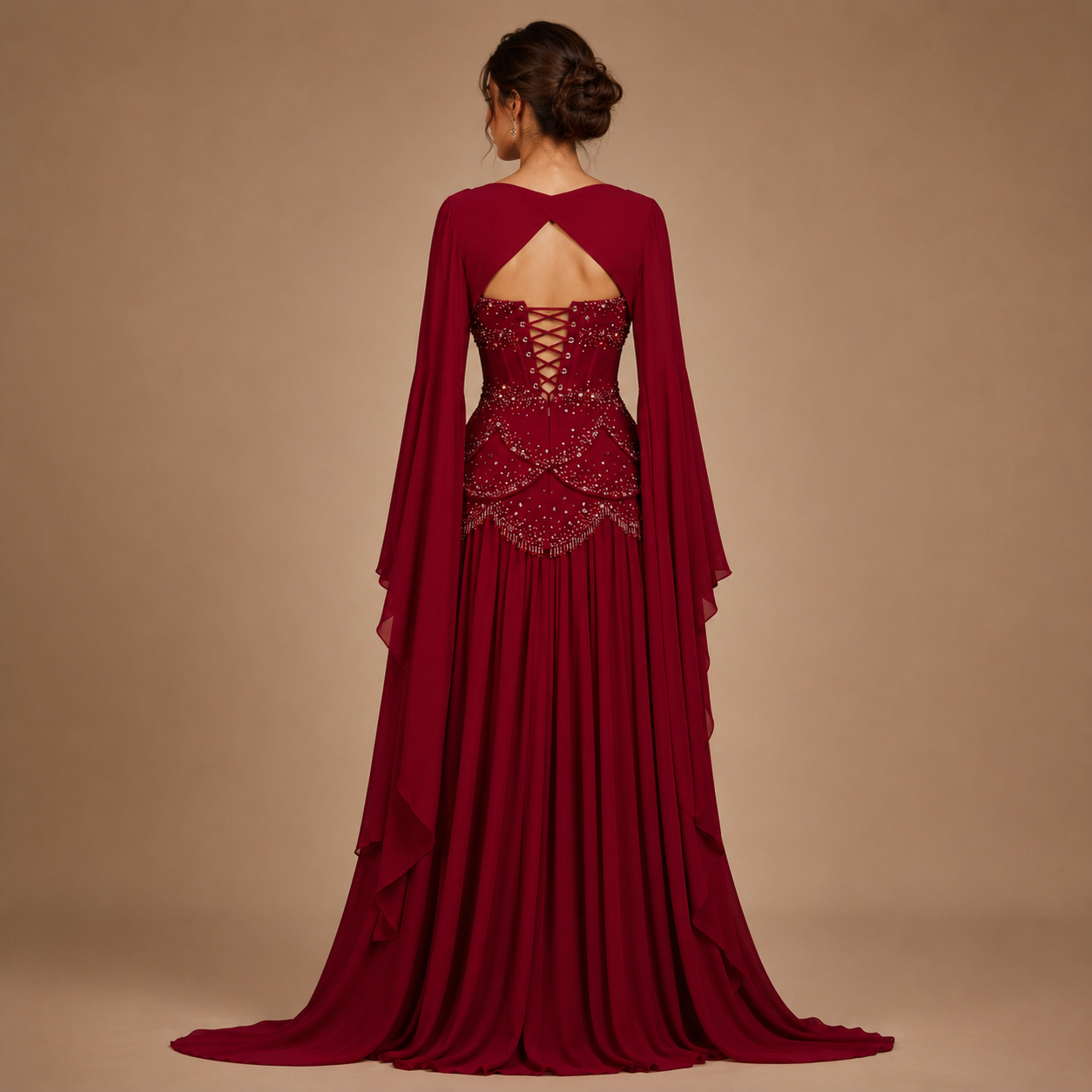 SERAPHINA | Hand-Beaded Corset Draped-Sleeve Chiffon Evening Gown