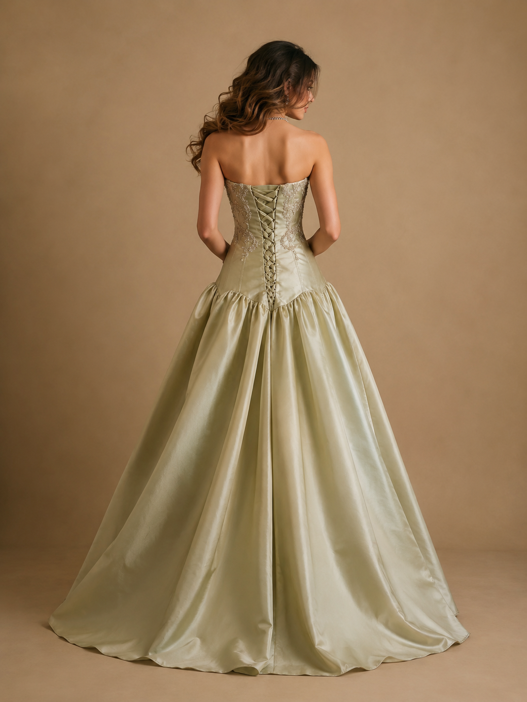 SANSA | Champagne Gold Beaded Corset Strapless Satin Ball Gown