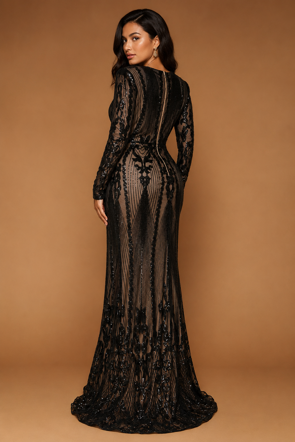 KATRINA | Plus-Size Black Sequin Long-Sleeve Mermaid Gown