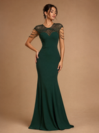 ZARELLE | Emerald Beaded Illusion-Sleeve Mermaid Evening Gown