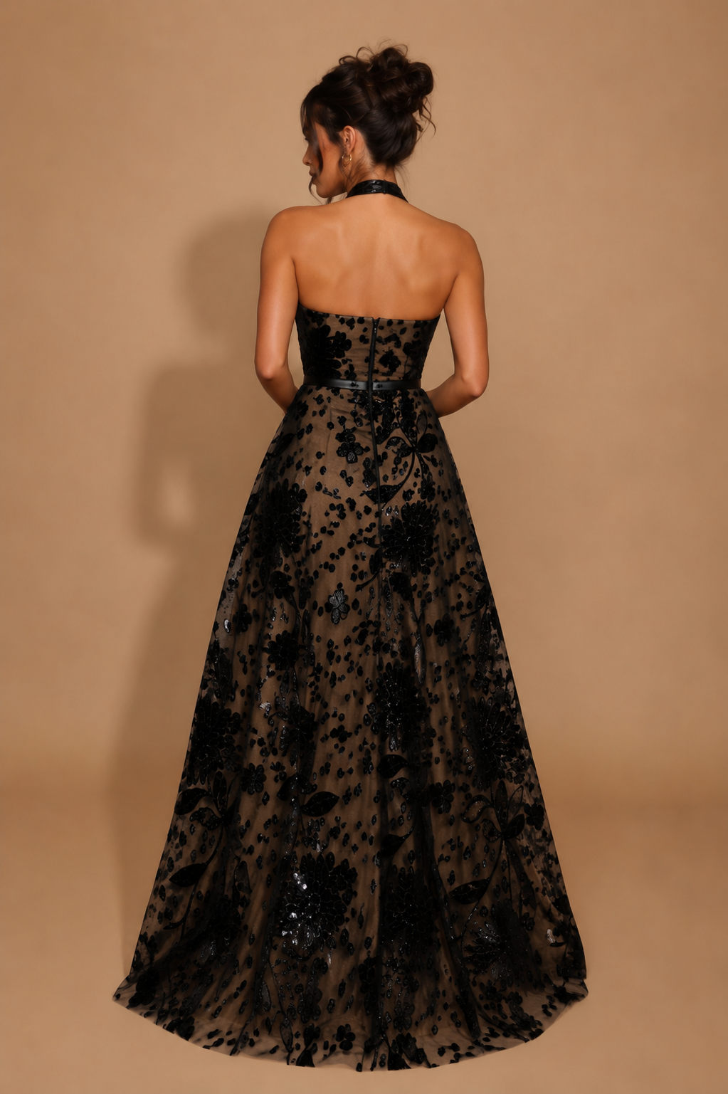 NOIRÉA | Black Sequin Lace Halter A-Line Maxi Gown