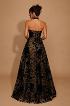 NOIRÉA | Black Sequin Lace Halter A-Line Maxi Gown