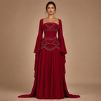 SERAPHINA | Hand-Beaded Corset Draped-Sleeve Chiffon Evening Gown
