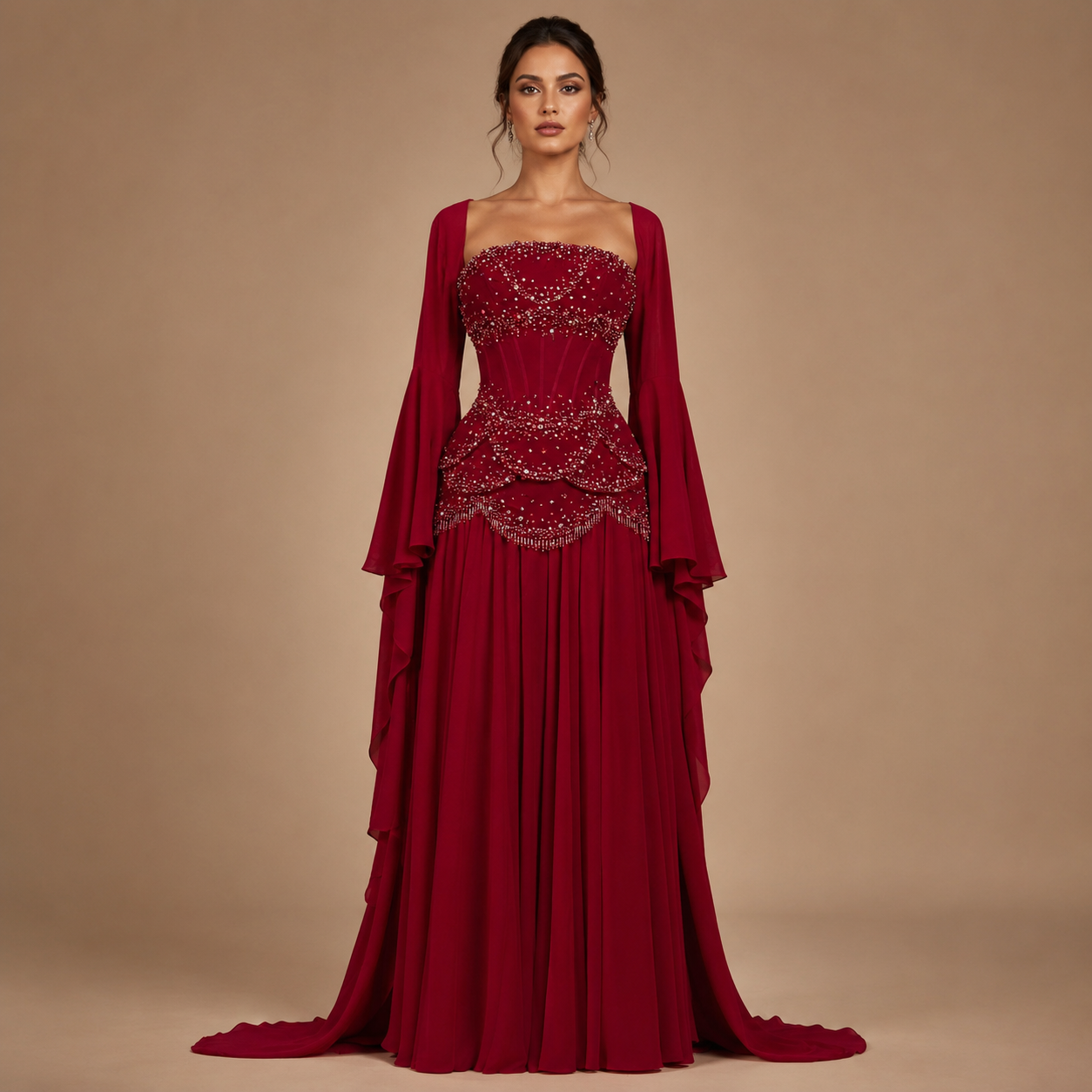 SERAPHINA | Hand-Beaded Corset Draped-Sleeve Chiffon Evening Gown