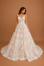 ELARIA | Floral Lace A-Line Wedding Dress Spaghetti Strap Bridal Gown with 3D Floral Appliqués &amp; Flowing Train