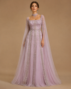 AUREVIA | Beaded Square Neck Cape Sleeve A-Line Evening Gown