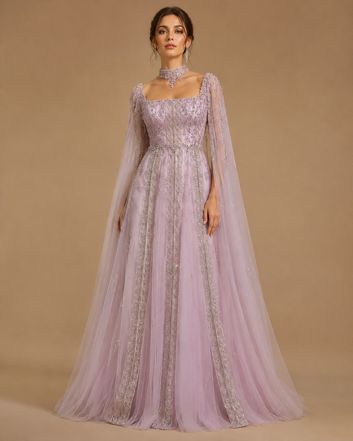 AUREVIA | Beaded Square Neck Cape Sleeve A-Line Evening Gown