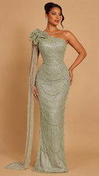 SEREYA | Pearl Beaded One-Shoulder Couture Evening Gown