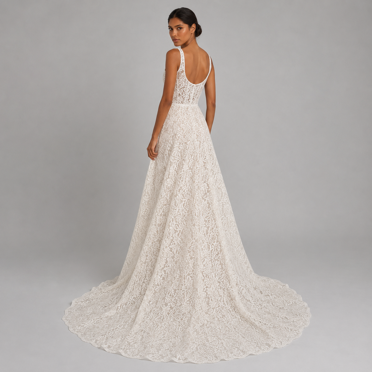 ELARA | Square-Neck Floral Lace A-Line Wedding Dress with Cathedral Train