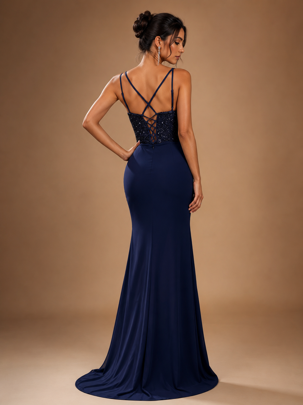 NOCTELLE | Navy Beaded Corset High-Slit Mermaid Evening Gown