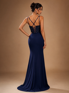 NOCTELLE | Navy Beaded Corset High-Slit Mermaid Evening Gown